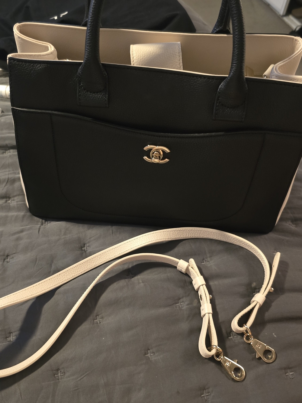 Chanel Grained Calfskin Small Bi-Color Neo Executive Shopper Tote Black Beige